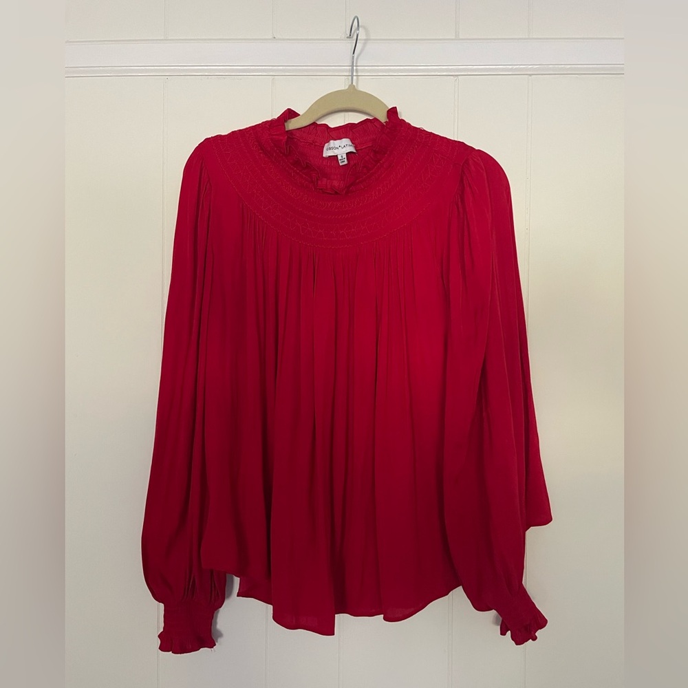 Gibson Latimer Red High Neck Long Sleeve Tunic Blouse